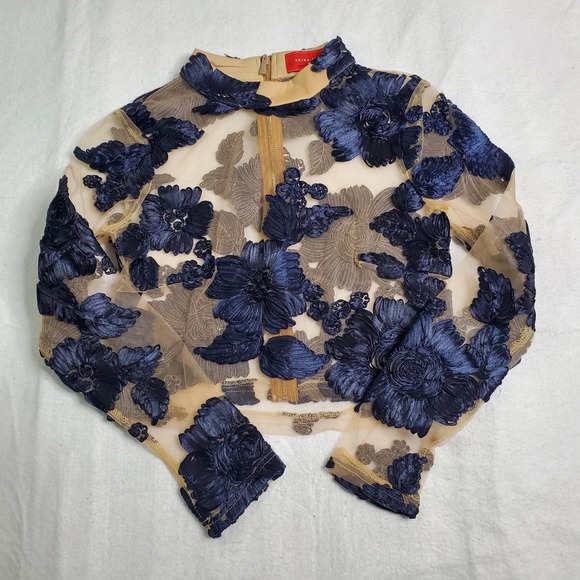 Akira Chicago Tops - Akira Chicago Women Mesh Top Navy Blue Floral Applique Sheer Long Sleeve M